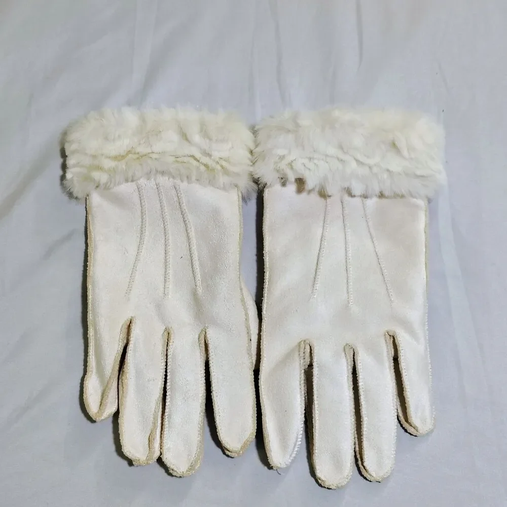 Coldwater Creek Ivory Faux Suede Faux Fur Trim Lined Gloves L Old Money Mob Wife